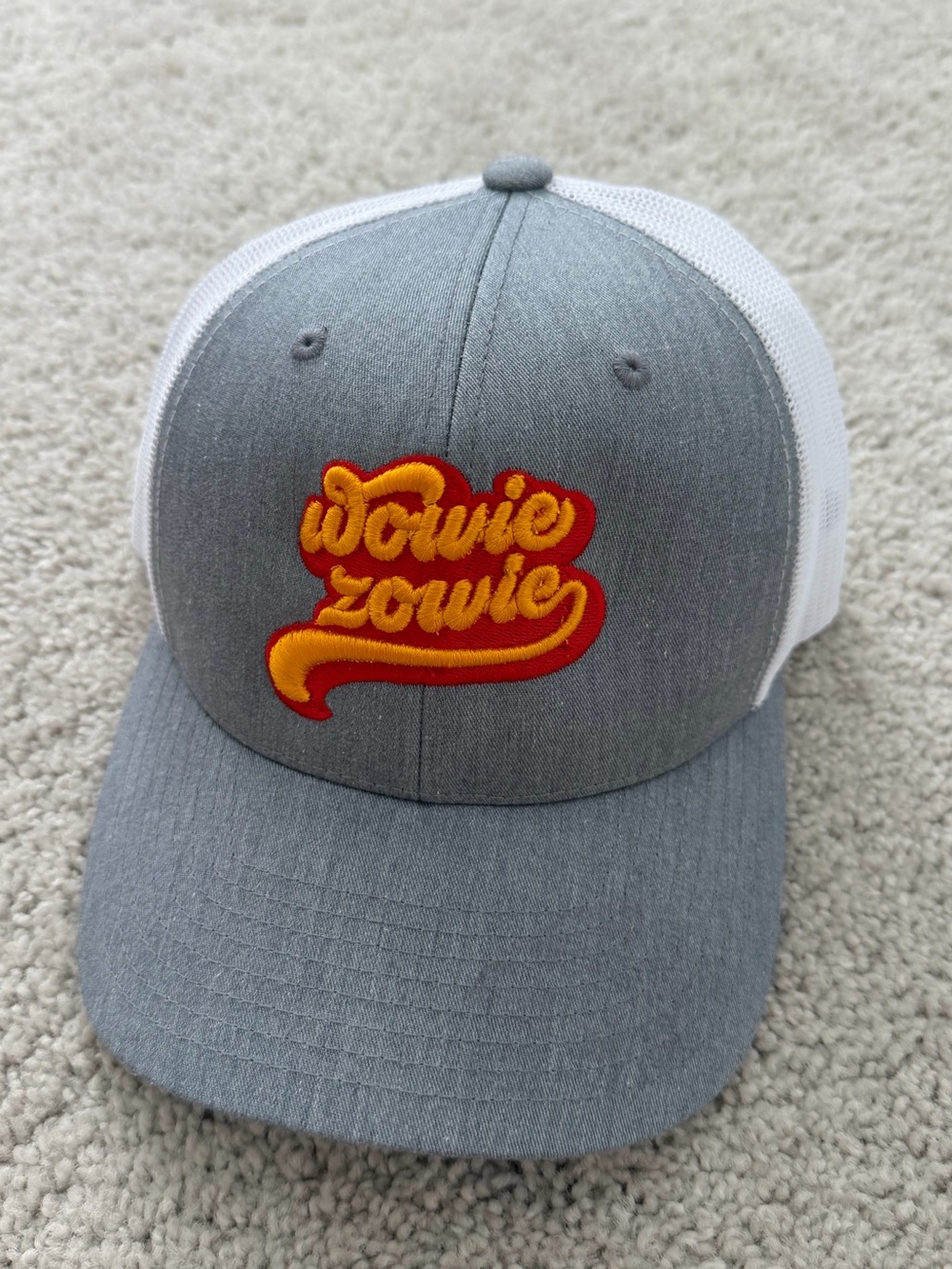 AFD Gray and White Womenโs Trucker Hat with Orange Embroidered Patch
